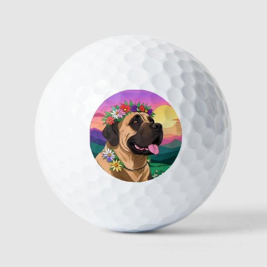 Mastiff englische Dogge mit Blumenkranz Muttertag Golfballen (Voorkant)