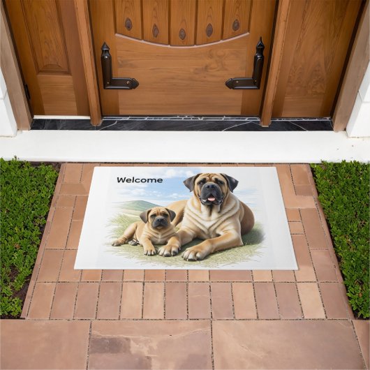Mastiff englische Dogge mit Kind im Urlaub Deurmat (Buiten)