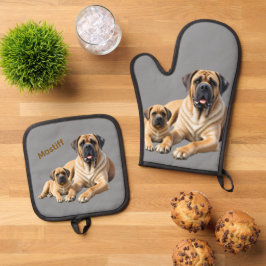 Mastiff englische Dogge mit Kind im Urlaub Ovenwant & Pannenlap Set