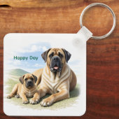 Mastiff englische Dogge mit Kind im Urlaub Sleutelhanger (Achterkant)
