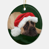 Mastiff in een kersthoed keramisch ornament (Links)