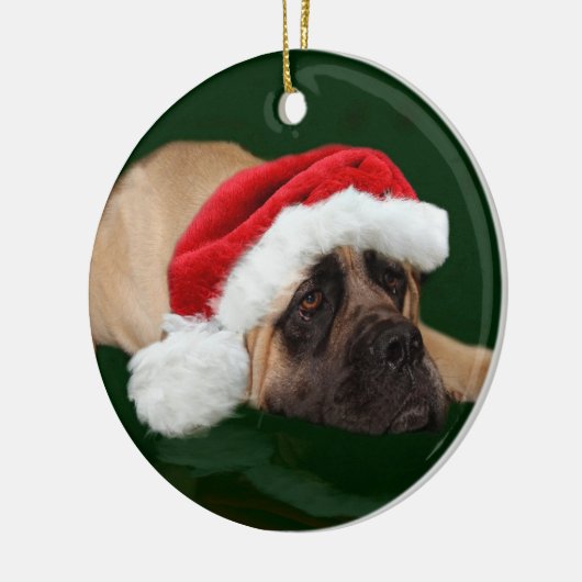 Mastiff in een kersthoed keramisch ornament (Links)