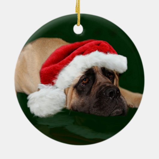 Mastiff in een kersthoed keramisch ornament (Achterkant)