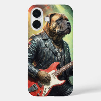 Mastiff in leren jas die rockgitaar speelt iPhone 16 hoesje