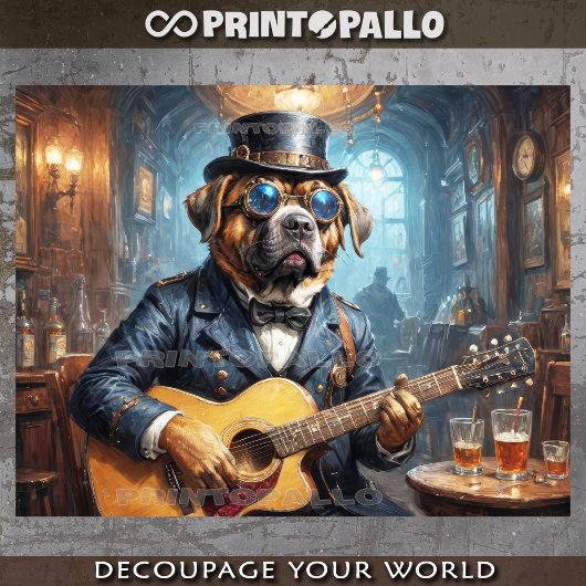 Mastiff steampunk hond speelt gitaar -  tissuepapier
