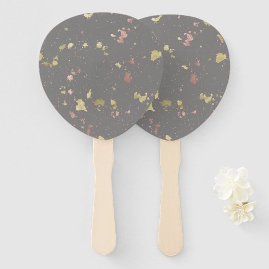 Mat Goud en Roos Gouden Vlokken Warm Donkergrijs Handwaaier (Voorkant en achterkant)