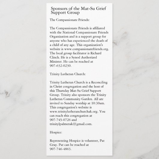 Mat-Su Grief Support Group Advertisement Kaart (Achterkant)