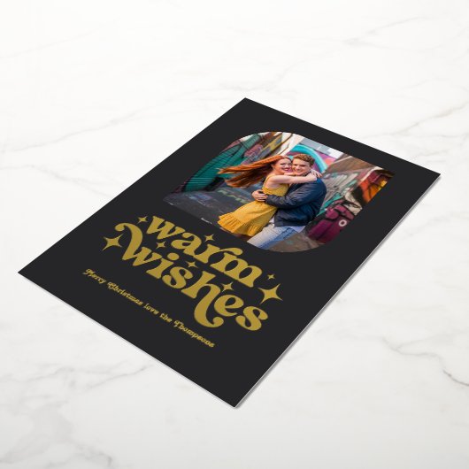 Mat Zwart & Goud Moderne Retro Kerstfoto Folie Feestdagenkaart (Gedraaid)