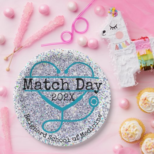 Match Day Blue Custom Year Glitter Stethoscope Papieren Bordje (Feest)