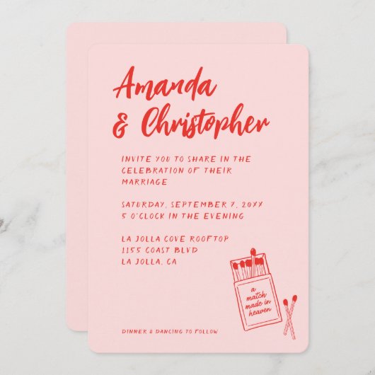 Match Gemaakt in Heaven Retro Rode bruiloft uitnod Kaart (Voorkant / Achterkant)