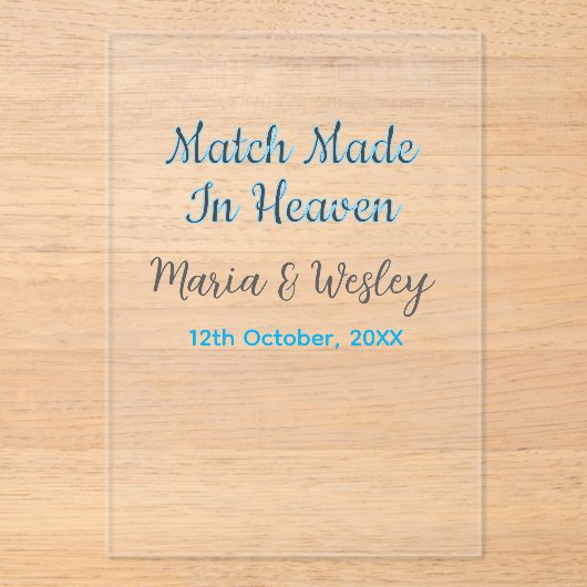 Match made in heaven blue black couple name date acryl uitnodigingen (Voorkant)