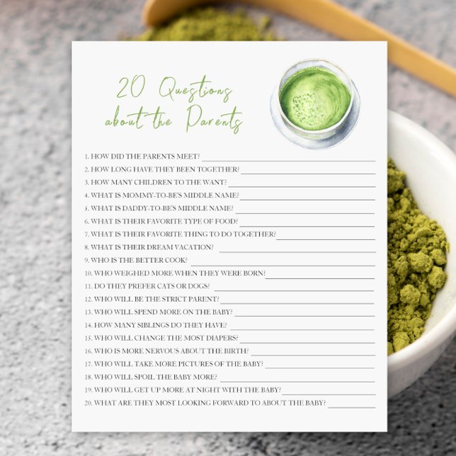 matcha baby shower - 20 questions about parent (Creator heeft geüpload)