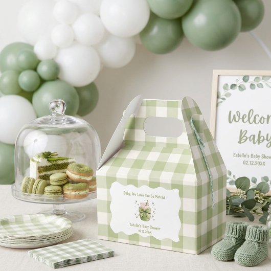Matcha Baby shower Groene Strik Streepjesstof Bedankdoosjes