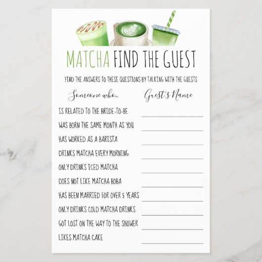Matcha Bridal Shower Game Find The Guest Card Flyer (Voorkant)