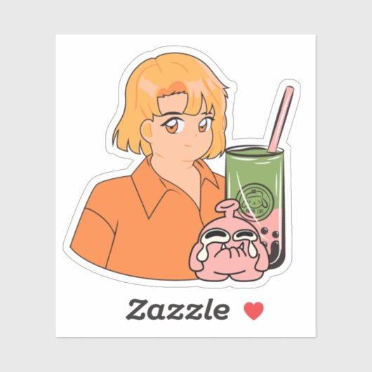 Matcha Bubble Tea Tijd – Esthetisch Oranje Anime M Sticker (Vel)