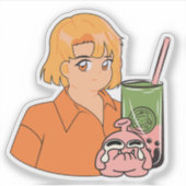 Matcha Bubble Tea Tijd – Esthetisch Oranje Anime M Sticker (Voorkant)