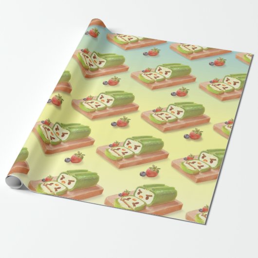 Matcha Cake Roll Illustratie Cadeaupapier (Uitgerold)