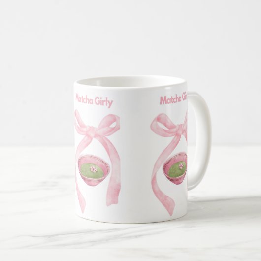 Matcha, Coquette Bow, Roze Bow, Matcha Girly, Mat Koffiemok (Voorkant rechts)