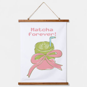 Matcha Forever Cute Coquette Pixel Art Groene Thee Hangend Wandkleed