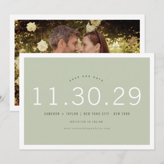 Matcha Green Modern Minimalist Bold Numbers Foto Save The Date (Voorkant / Achterkant)