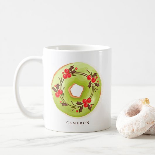 Matcha Holly-kerstdonuts, gepersonaliseerd Koffiemok (Met donut)