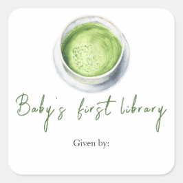 Matcha Latte Baby shower - de eerste bibliotheek v Vierkante Sticker