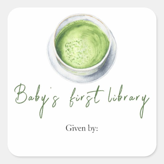 Matcha Latte Baby shower - de eerste bibliotheek v Vierkante Sticker (Voorkant)