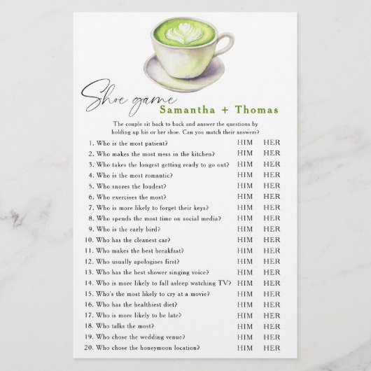 Matcha tea vrijgezellenfeest Schoenenspel (Voorkant)