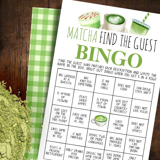 Matcha Vind de Gast Bingo Spelkaart Flyer