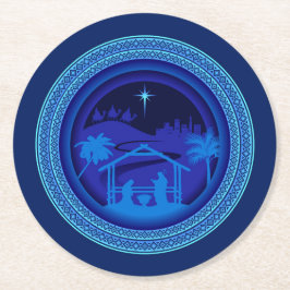 Matching Blue Natitivity Kerstmis Ronde Kartonnen Onderzetter