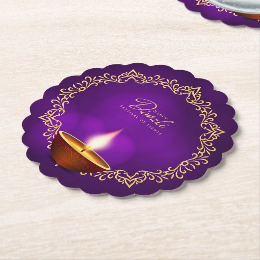 Matching Happy Diwali Paars Scalloped Round Kartonnen Onderzetters (Gekanteld)
