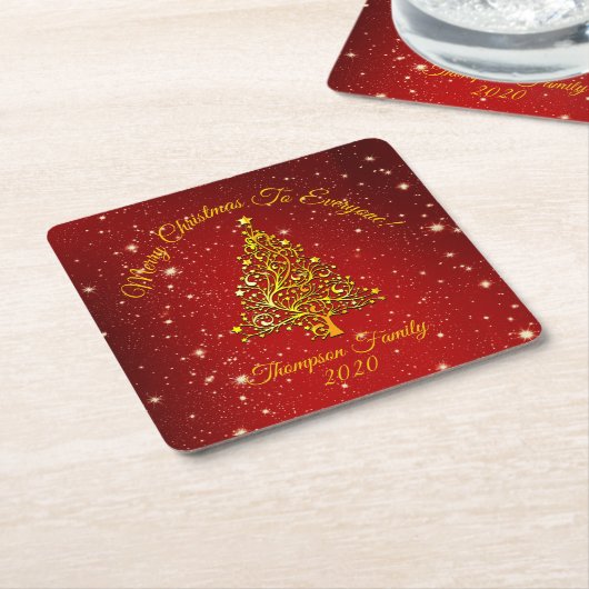 Matching Set Kerstred Gold Tree Stars Naam Kartonnen Onderzetters (Schuin)