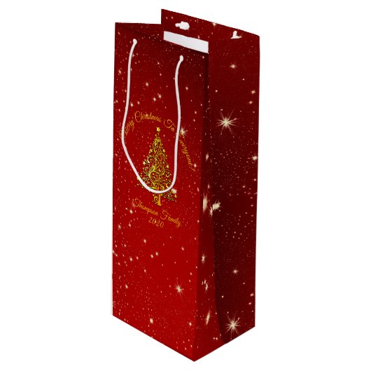 Matching Set Kerstred Gold Tree Stars Naam Wijn Cadeautas (Voorkant Gekanteld)