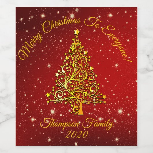 Matching Set Kerstred Gold Tree Stars Naam Wijn Etiket (Enkel label)