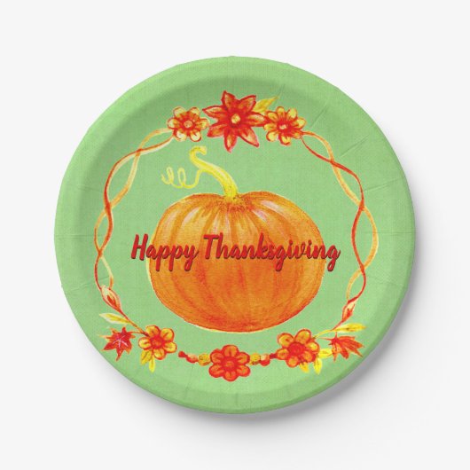 Matching Thanksgiving Pumpkin op Green 7" Papieren Bordje (Voorkant)