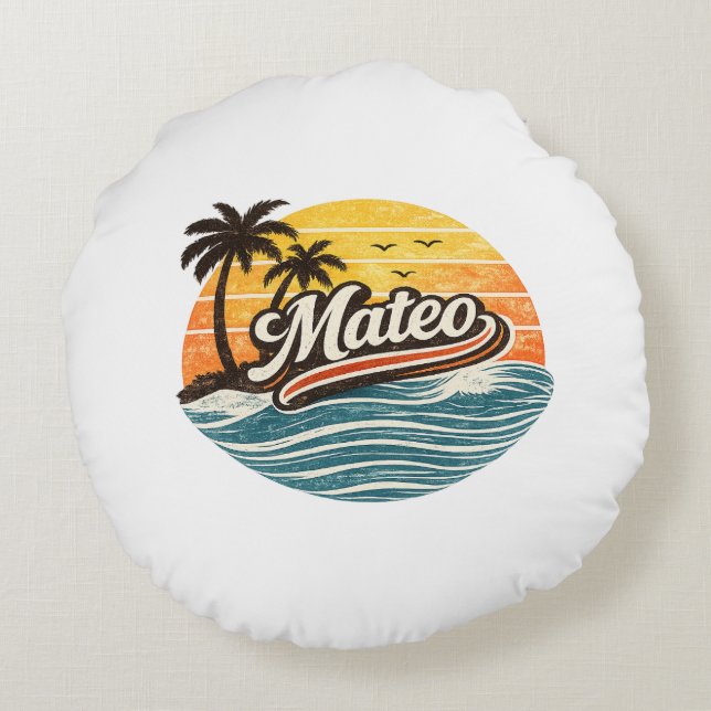 Mateo Retro Sunset Naam Design Rond Kussen (Achterkant)