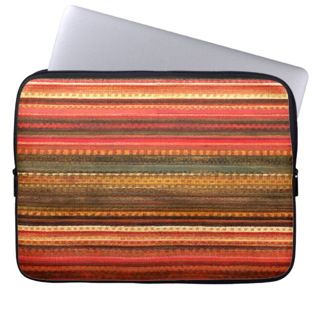 Material Textile Stripes Red Orange and Green Laptop Sleeve (Voorkant)