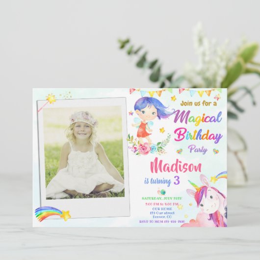 Materij en Unicorn-verjaardagsuitnodiging met foto Kaart (Staand voorkant)