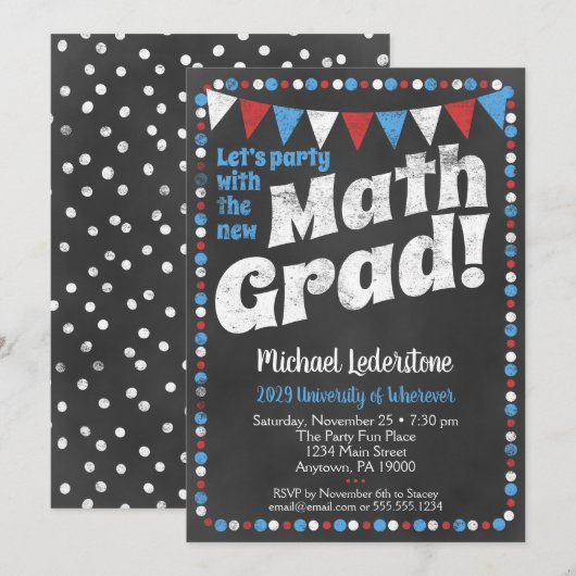 Mathmatics Graduy Party Invitation Red Blue Kaart (Voorkant / Achterkant)