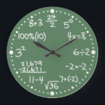 Maths Mathematical Equations Clock with Minutes Grote Klok<br><div class="desc">This fun and whimsical custom wall clock is perfect for math lovers. Test your arithmetic. The clock has mathematical equations instead of numbers. There is some addition, subtractie, vermenigvuldiging, divisie, breuken, algebra, square root, and powers. They look like white chalk written on a green chalkboard. The clock has white dots...</div>