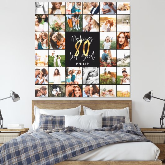 Matig 80e verjaardag multi-fotoscriptgeschenk canvas afdruk (Insitu (Slaapkamer))