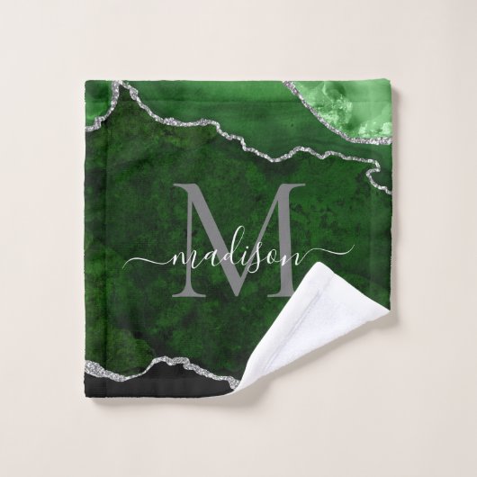 Matig Agate Geode Green Silver Monogram Script Bad Handdoek (Wasdoekje)