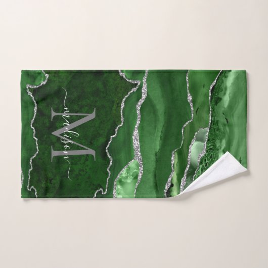 Matig Agate Geode Green Silver Monogram Script Bad Handdoek (Handdoek)
