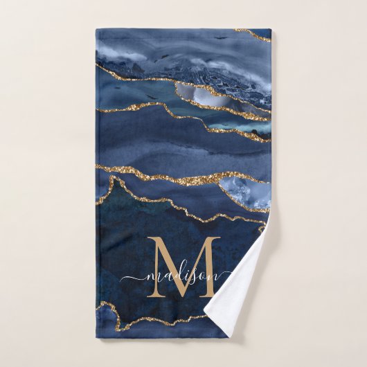 Matig Agate Geode Navy Blue Gold Monogram script Bad Handdoek (Handdoek)