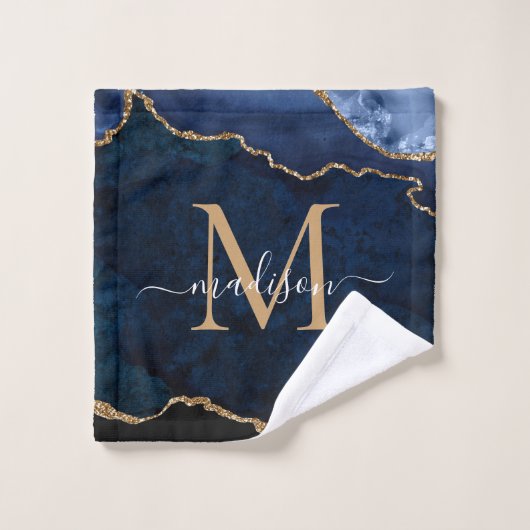 Matig Agate Geode Navy Blue Gold Monogram script Bad Handdoek (Wasdoekje)