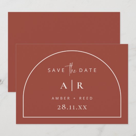 Matig 'Arch Minimal Wedding Terracotta' script Save The Date (Voorkant / Achterkant)