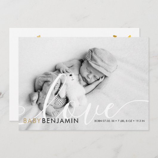 Matig Baby-fotoscript Gold Hearts Birth Aankondiging (Voorkant / Achterkant)