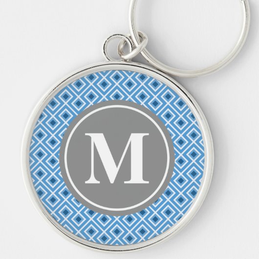 Matig blauw Diamond Grafisch Patroonmonogram Sleutelhanger (Voorkant)