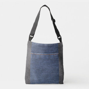Matig blauw jeans denim en zwart leder crossbody tas