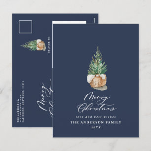 Matig blauw kerstfeest met minimale waterverf feestdagenkaart